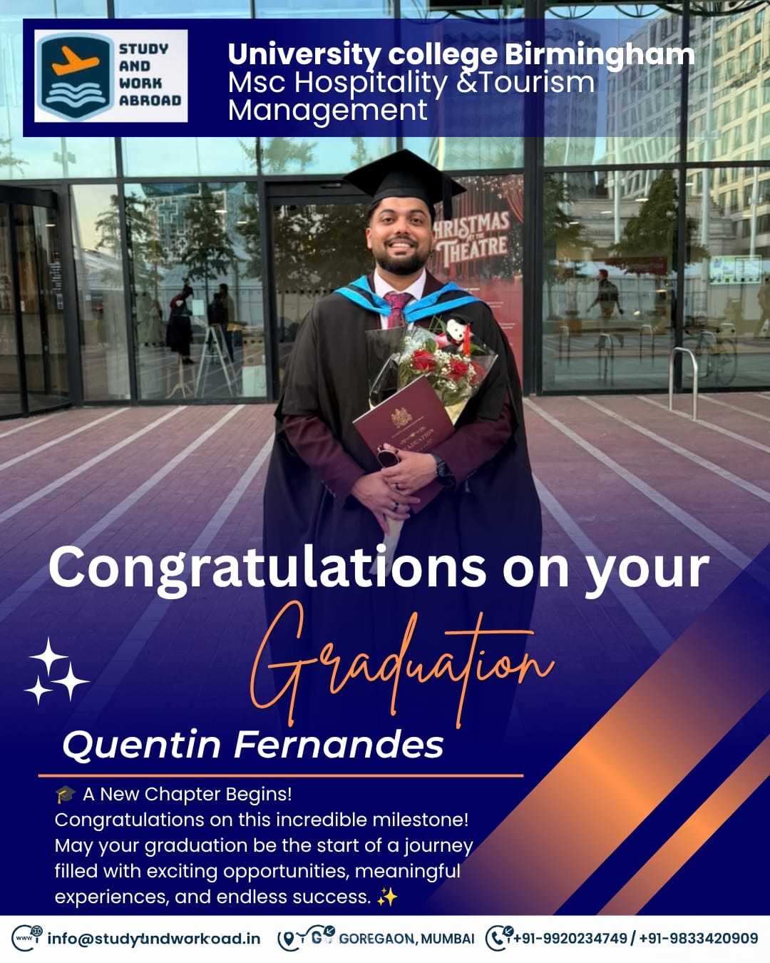 Quentin Fernandes at his MSc Hospitality & Tourism Management graduation, University College Birmingham