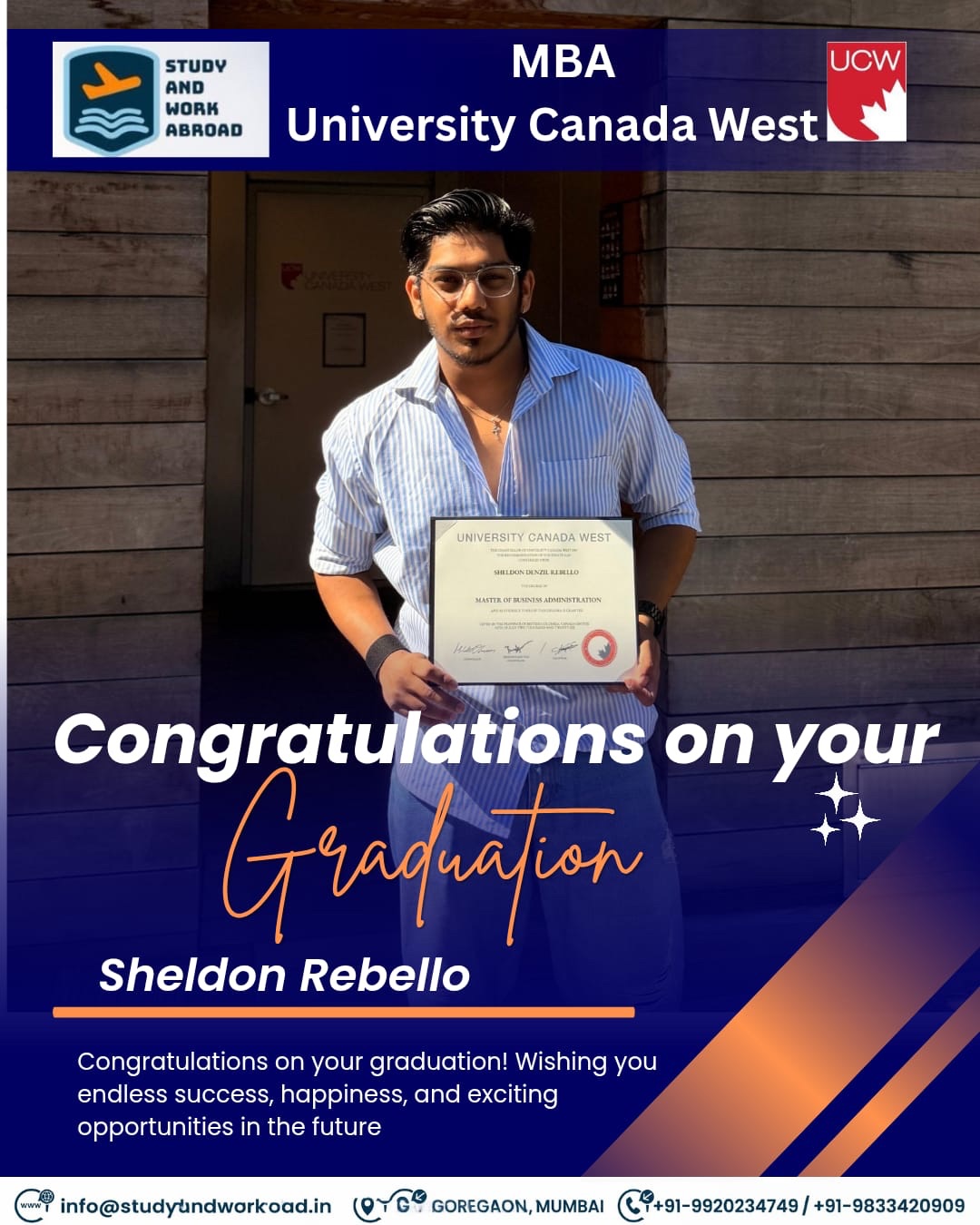 Sheldon Rebello holding his MBA degree from University Canada West