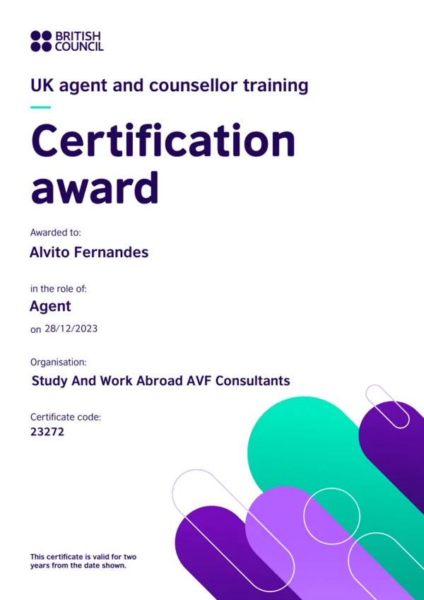 British Council UK agent and counsellor training certificate — Alvito Fernandes