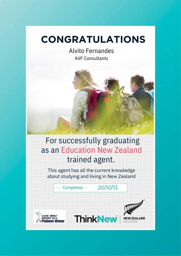 Education New Zealand trained agent certificate — Alvito Fernandes