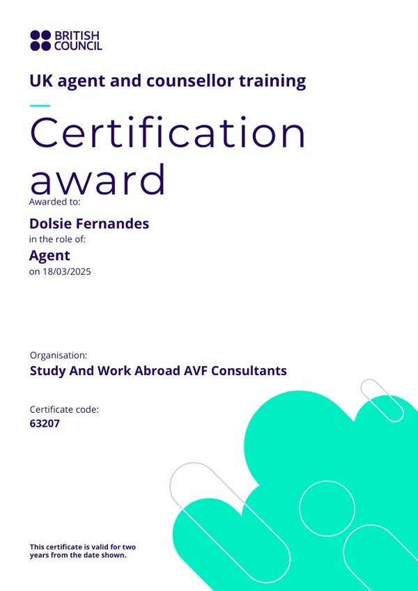 British Council UK agent and counsellor training certificate — Dolsie Fernandes